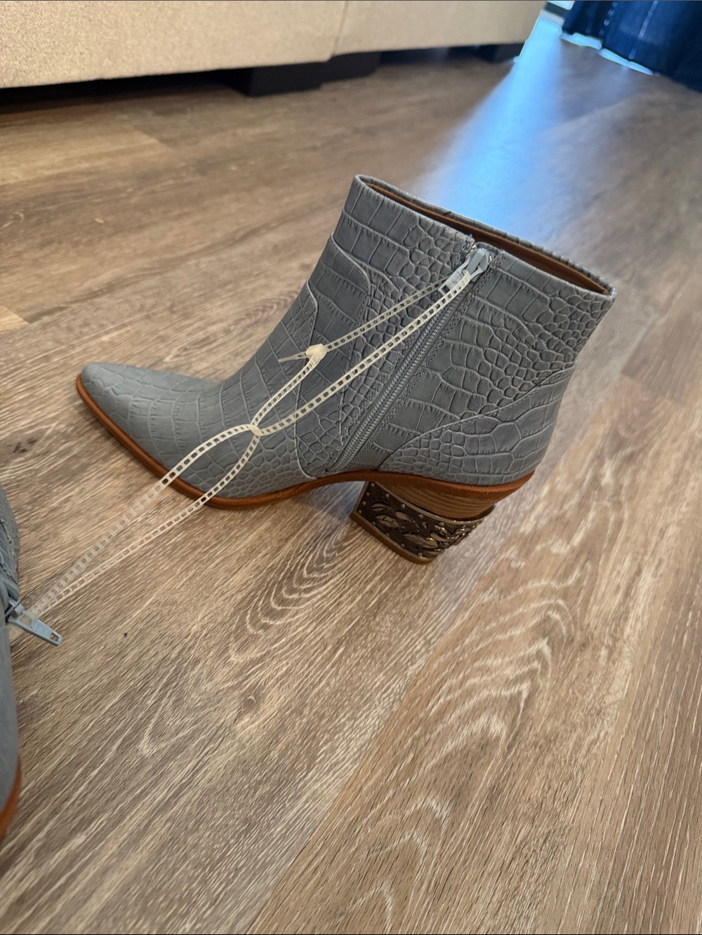 Gianni Bini Gray Croc-Embossed Ankle Booties with Decorative Block Heel - Picture 7 of 10